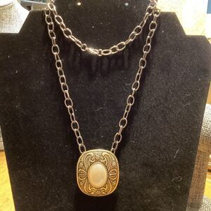 Gunmetal Link Necklace with Goldtone Engraved Pendant